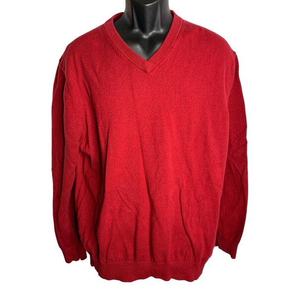 Nautica V Neck Pullover Sweater XL Marled Red Knit Long Sleeves Cotton Rib Trim